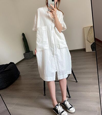 Barbora Günlük Cep Detaylı Salaş Kadın Elbise 260beyaz3