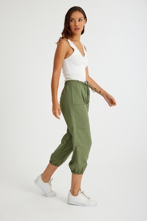 Barbora Keten Günlük Pantolon Beli Lastikli Bağcıklı Ln15haki3