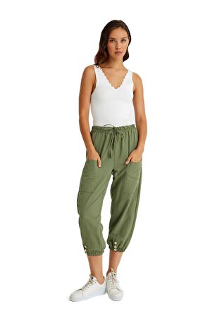 Barbora Keten Günlük Pantolon Beli Lastikli Bağcıklı Ln15haki4