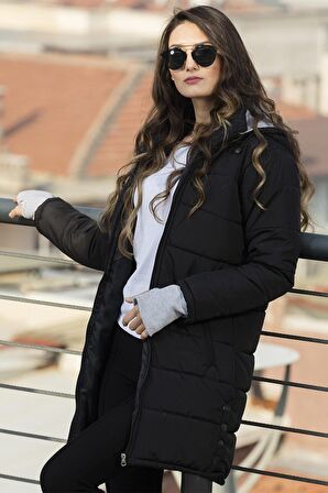Barbora Kışlık Kapüşonlu Uzun Kadın Şişme Mont tr805siyahh44
