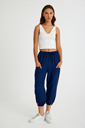 Barbora Keten Günlük Pantolon Beli Lastikli Bağcıklı Ln15lacivert7