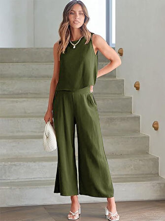Barbora Keten Yazlık Yüksel Bel Capri Pantolon Sırt Detaylı Kolsuz İkili Takım Ln26haki4
