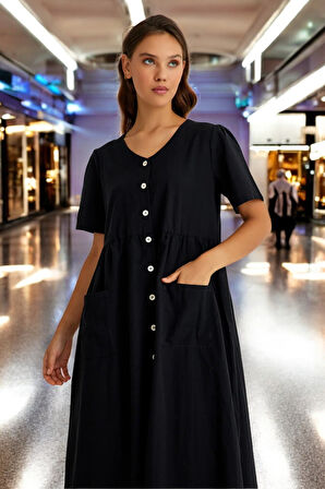 V Yaka Beli Büzgülü Keten Elbise