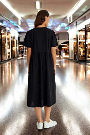 V Yaka Beli Büzgülü Keten Elbise