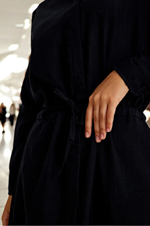 Günlük Beli Bağcıklı Rahat Keten Elbise