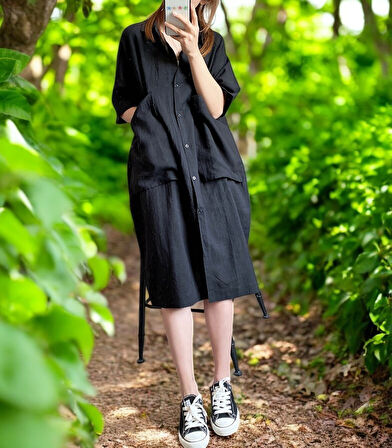 Yazlık Cep Detaylı Rahat Keten Elbise