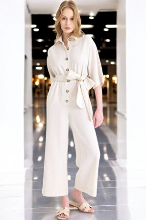 Yazlık Rahat Gömlek Yaka Keten Tulum