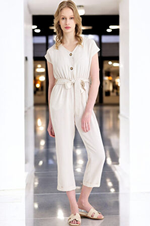 Yazlık V Yaka Kolsuz Keten Takım