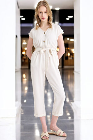 Yazlık V Yaka Kolsuz Keten Takım