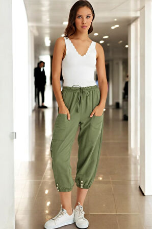 Beli Lastikli Düğme Detaylı Keten pantolon