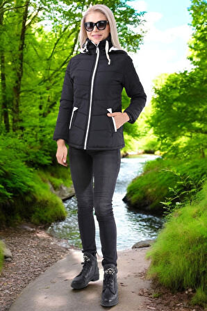 Kısa Kapüşonlu Kışlık Şişme Kadın Mont