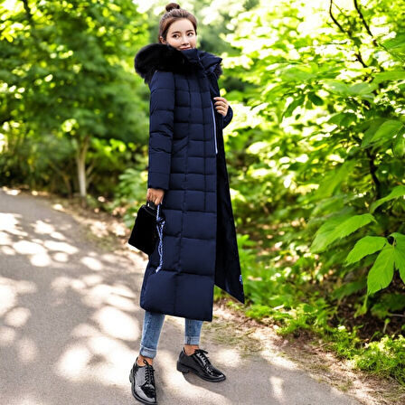 Kışlık Tam Boy Kürklü Kapüşonlu Tasarım Kadın Şişme Mont