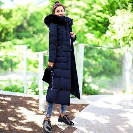 Kışlık Tam Boy Kürklü Kapüşonlu Tasarım Kadın Şişme Mont