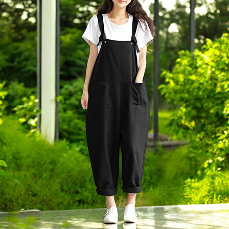 Askılı Büyük Cepli Salopet Keten Tulum