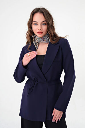 Kadın Lacivert Bel Bağlamalı Blazer Ceket