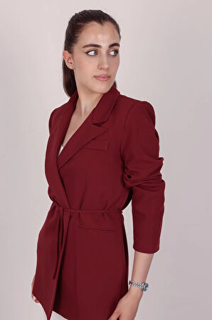Kadın Bordo Bel Bağlamalı Blazer Ceket