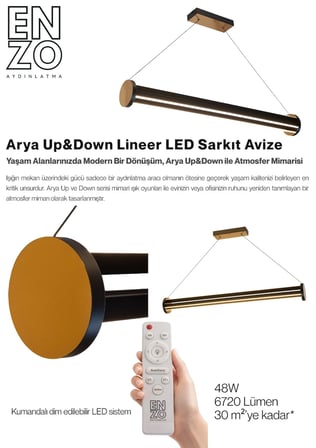 Arya 3'lü Gold Lineer LED Sarkıt Avize – Kumandalı Dim Edilebilir – Yukarı & Aşağı Işık - 6500K