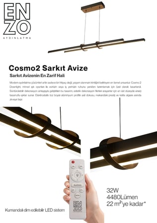 Cosmo 2 Füme Lineer LED Sarkıt Avize – Kumandalı Dim Edilebilir – Aşağı Işık - 6500K