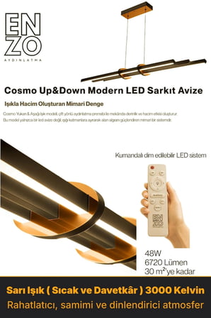 Cosmo Bronz Lineer LED Sarkıt Avize – Kumandalı Dim Edilebilir – Yukarı & Aşağı Işık - 3000K