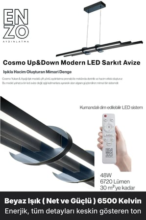 Cosmo Füme Lineer LED Sarkıt Avize – Kumandalı Dim Edilebilir – Yukarı & Aşağı Işık - 6500K