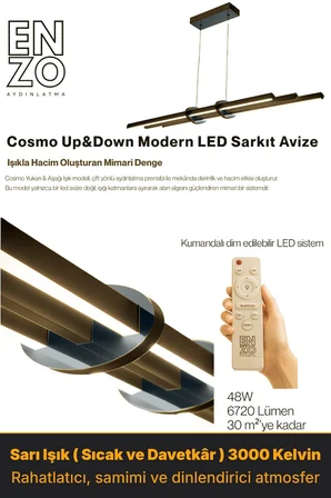 Cosmo Füme Lineer LED Sarkıt Avize – Kumandalı Dim Edilebilir – Yukarı & Aşağı Işık - 6500K