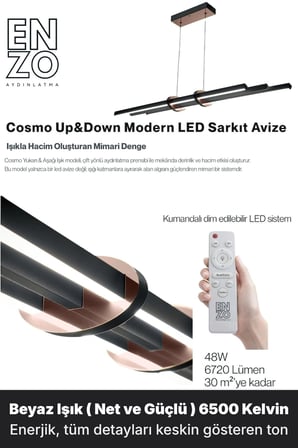 Cosmo Rose Gold Lineer LED Sarkıt Avize – Kumandalı Dim Edilebilir – Yukarı & Aşağı Işık - 6500K