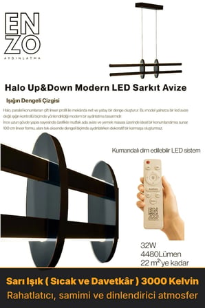 Halo Füme Lineer LED Sarkıt Avize – Kumandalı Dim Edilebilir – Yukarı & Aşağı Işık - 3000K