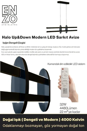 Halo Füme Lineer LED Sarkıt Avize – Kumandalı Dim Edilebilir – Yukarı & Aşağı Işık - 3000K
