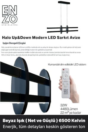 Halo Füme Lineer LED Sarkıt Avize – Kumandalı Dim Edilebilir – Yukarı & Aşağı Işık - 6500K