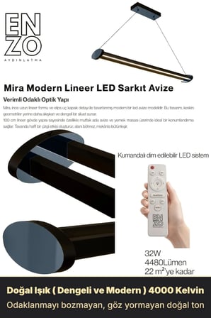 Mira Füme Lineer LED Sarkıt Avize – Kumandalı Dim Edilebilir – Aşağı Işık - 4000K