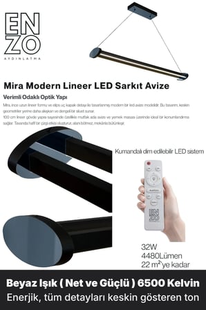 Mira Füme Lineer LED Sarkıt Avize – Kumandalı Dim Edilebilir – Aşağı Işık - 6500K