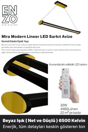 Mira Gold Lineer LED Sarkıt Avize – Kumandalı Dim Edilebilir – Aşağı Işık - 6500K