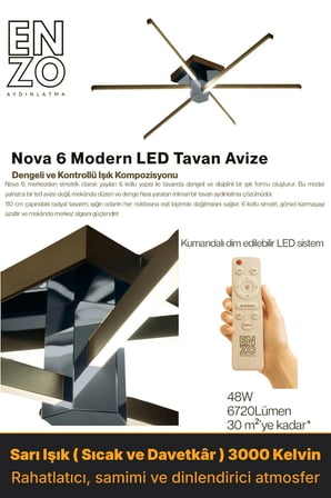 Nova 6 Füme LED Tavan Avize – Kumandalı Dim Edilebilir – Aşağı Işık - 3000K