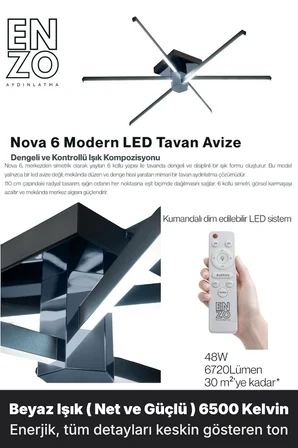 Nova 6 Füme LED Tavan Avize – Kumandalı Dim Edilebilir – Aşağı Işık - 3000K