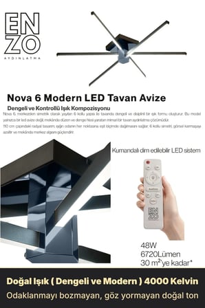Nova 6 Füme LED Tavan Avize – Kumandalı Dim Edilebilir – Aşağı Işık - 4000K