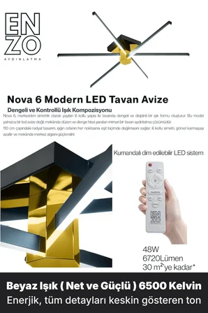 Nova 6 Gold LED Tavan Avize – Kumandalı Dim Edilebilir – Aşağı Işık - 6500K
