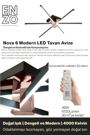 Nova 6 Rose Gold LED Tavan Avize – Kumandalı Dim Edilebilir – Aşağı Işık - 4000K