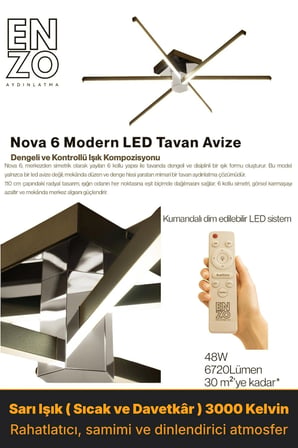 Nova 6 Silver LED Tavan Avize – Kumandalı Dim Edilebilir – Aşağı Işık - 3000K