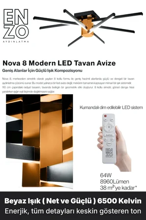 Nova 8 Bronz LED Tavan Avize – Kumandalı Dim Edilebilir – Aşağı Işık - 4000K