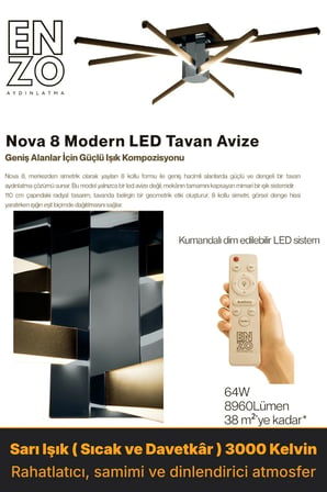 Nova 8 Füme LED Tavan Avize – Kumandalı Dim Edilebilir – Aşağı Işık - 3000K