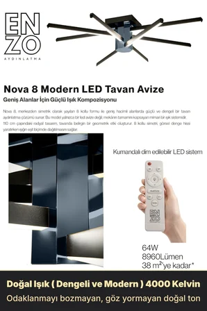 Nova 8 Füme LED Tavan Avize – Kumandalı Dim Edilebilir – Aşağı Işık - 4000K