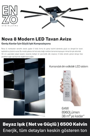 Nova 8 Füme LED Tavan Avize – Kumandalı Dim Edilebilir – Aşağı Işık - 6500K