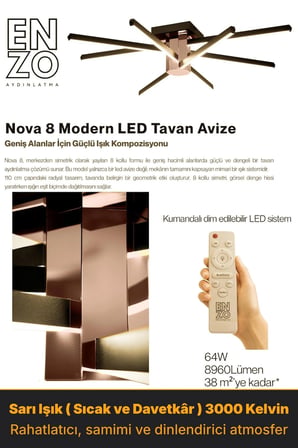 Nova 8 Rose Gold LED Tavan Avize – Kumandalı Dim Edilebilir – Aşağı Işık - 3000K