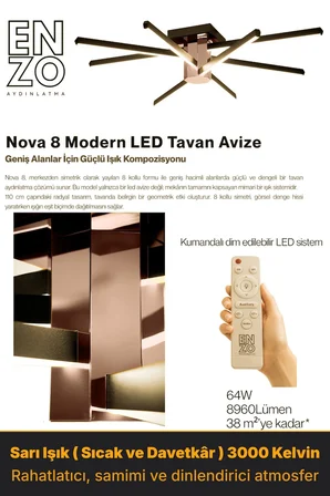 Nova 8 Rose Gold LED Tavan Avize – Kumandalı Dim Edilebilir – Aşağı Işık - 3000K