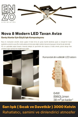 Nova 8 Silver LED Tavan Avize – Kumandalı Dim Edilebilir – Aşağı Işık - 3000K