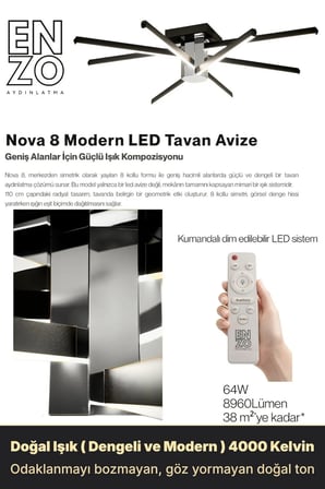 Nova 8 Silver LED Tavan Avize – Kumandalı Dim Edilebilir – Aşağı Işık - 4000K