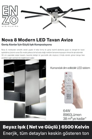 Nova 8 Silver LED Tavan Avize – Kumandalı Dim Edilebilir – Aşağı Işık - 6500K