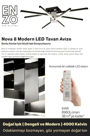 Nova 8 Silver LED Tavan Avize – Kumandalı Dim Edilebilir – Aşağı Işık - 6500K