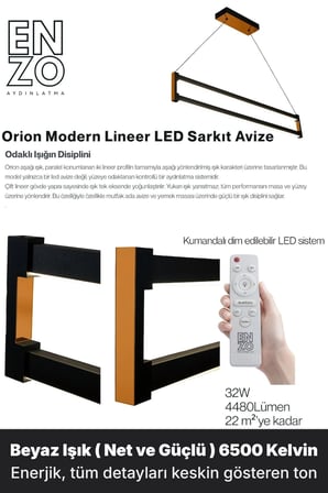 orion bronz lineer led sarkıt avize – kumandalı dim edilebilir – aşağı işık - 6500k