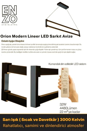orion füme lineer led sarkıt avize – kumandalı dim edilebilir – aşağı işık - 3000k